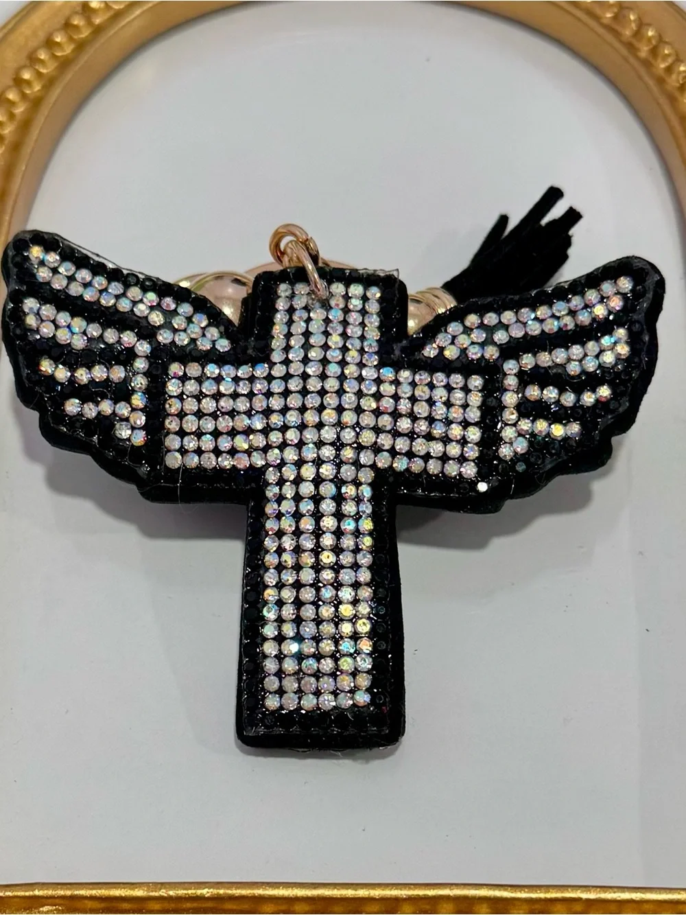 New Silver/Black Winged Crystal Cross Keychain